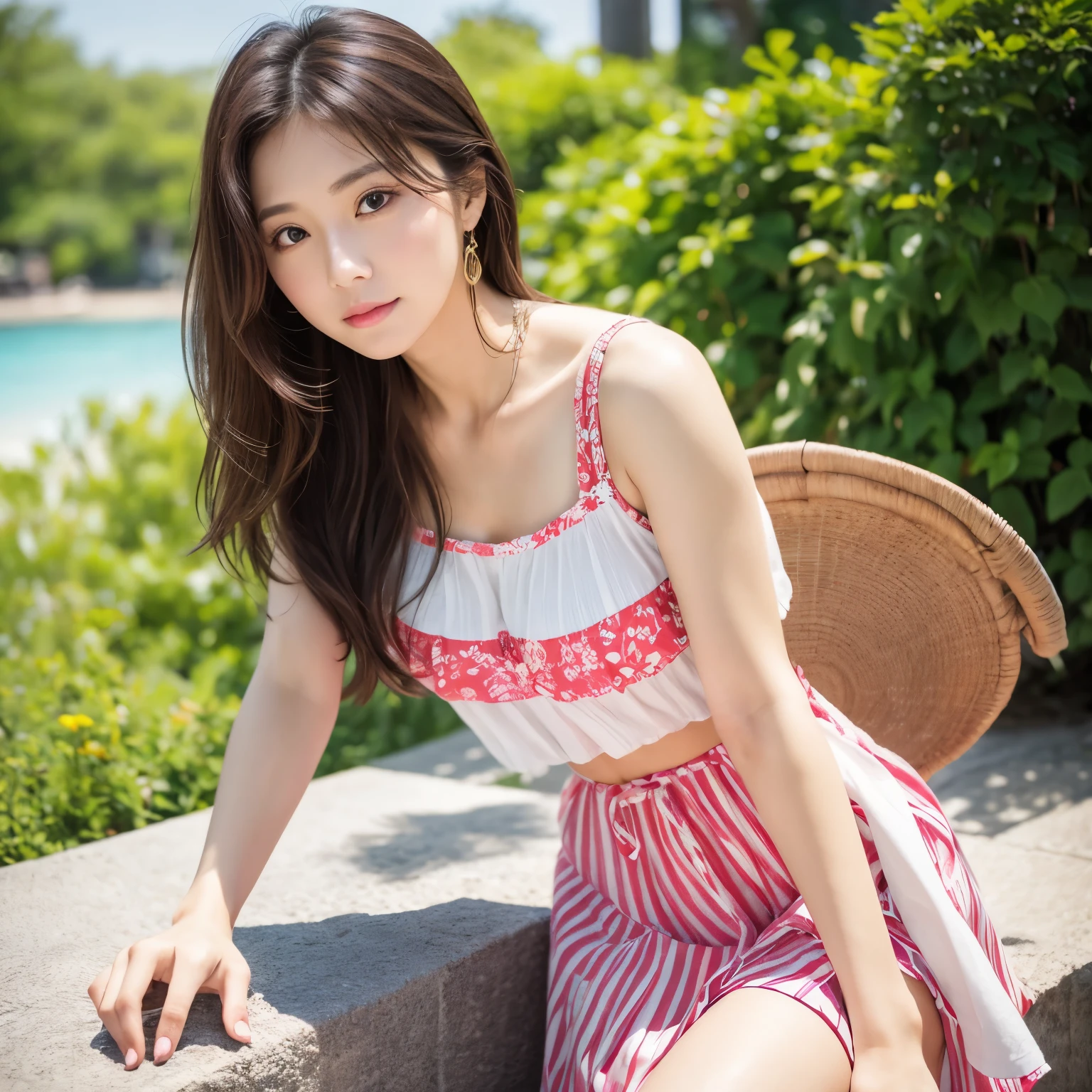 Only one adult woman。 Looking straight at the camera。Wearing fashionable summer clothes、Posing like a fashion model。