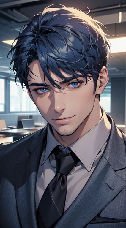 (best quality,4k,8k,highres,masterpiece:1.2),ultra-detailed,(realistic,photorealistic,photo-realistic:1.37),1 man,31 years old,mature man,very handsome,without expression,smile,short blue hair,blue eyes,penetrating gaze,perfect face without errors,imposing posture,businessman,office background,cinematic lighting,hdr image