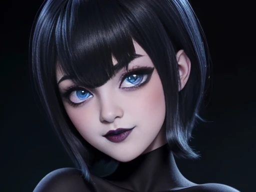 High graphic quality image, mavis dracula, (Hotel_transylvania) short black hair blue eyes white skin eyeliner , voluminous lips and black lipstick,