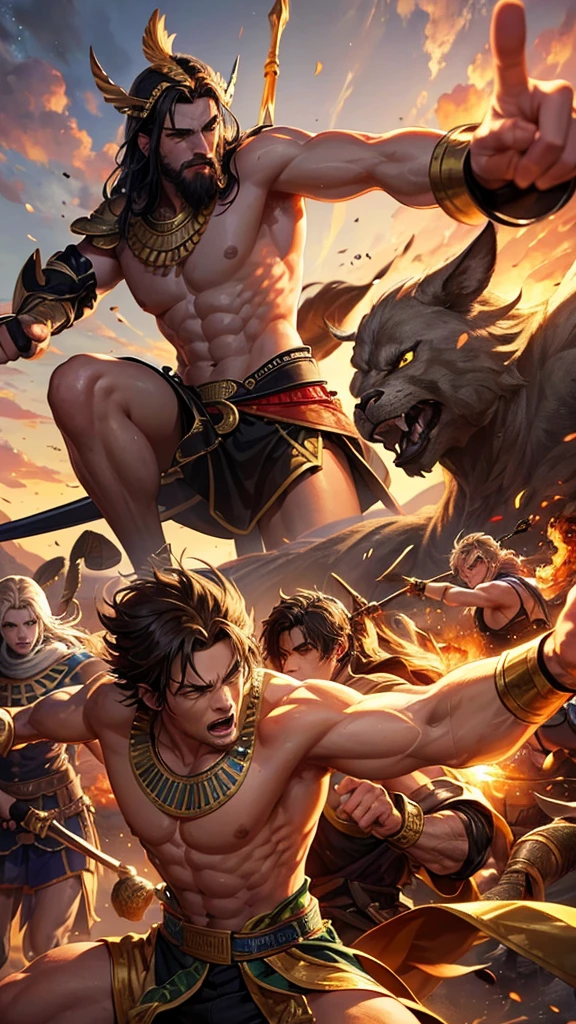 I want a fight between 7 warriors including Greek God, gentlemen, Celtic defenders and Egyptian gods showing their skills 