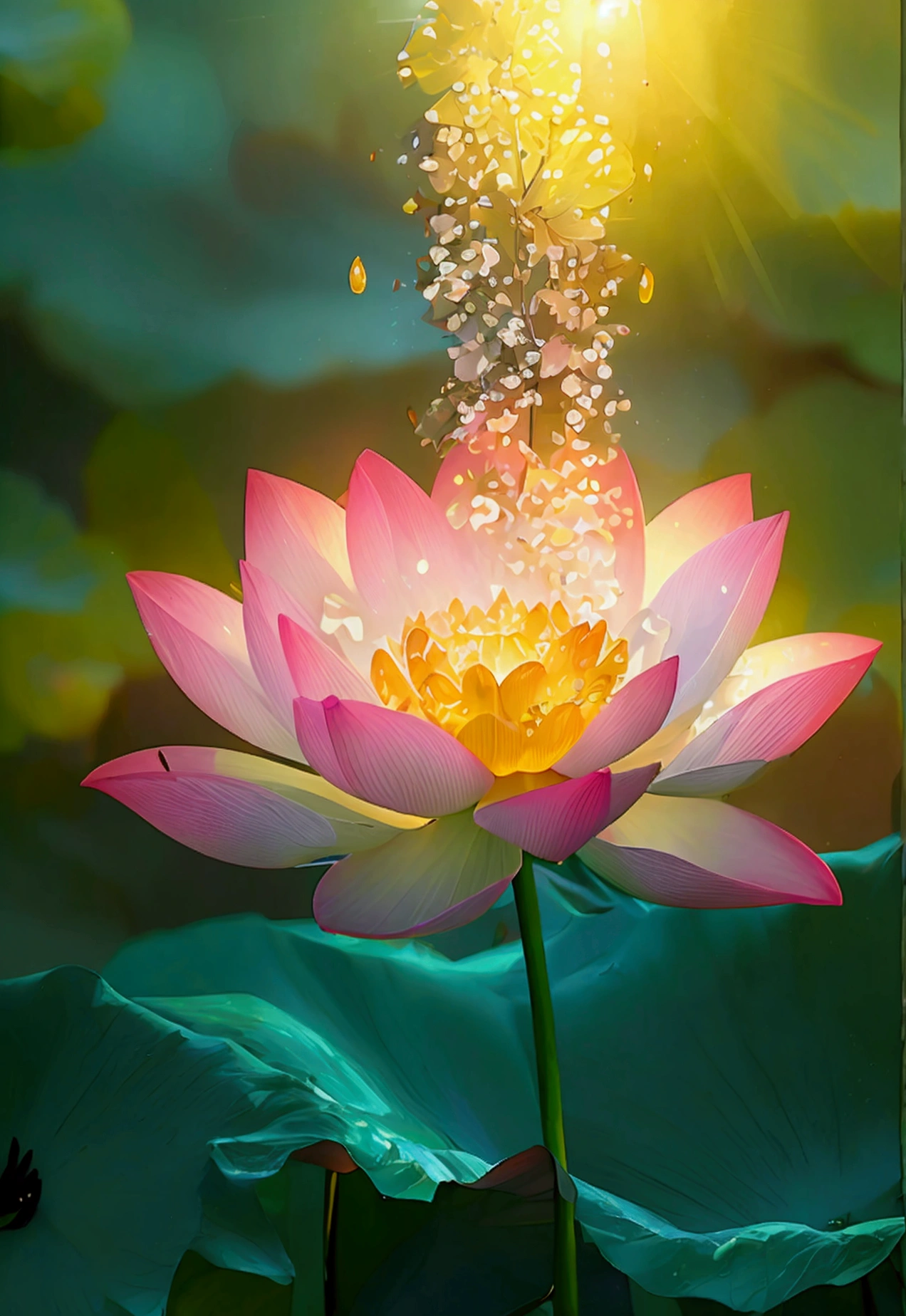(close up:1.5), (Solitary:1.5), lotus, Green Stem, Silt emerges from the water, Golden Light, aura background, (Godre:1.5), The sun shines down from above, Divine Light, Ray Tracing, Negative Space, Ultra HD, Retina, masterpiece, precise, Super Detail, High Detail, high quality, high resolution, 16K