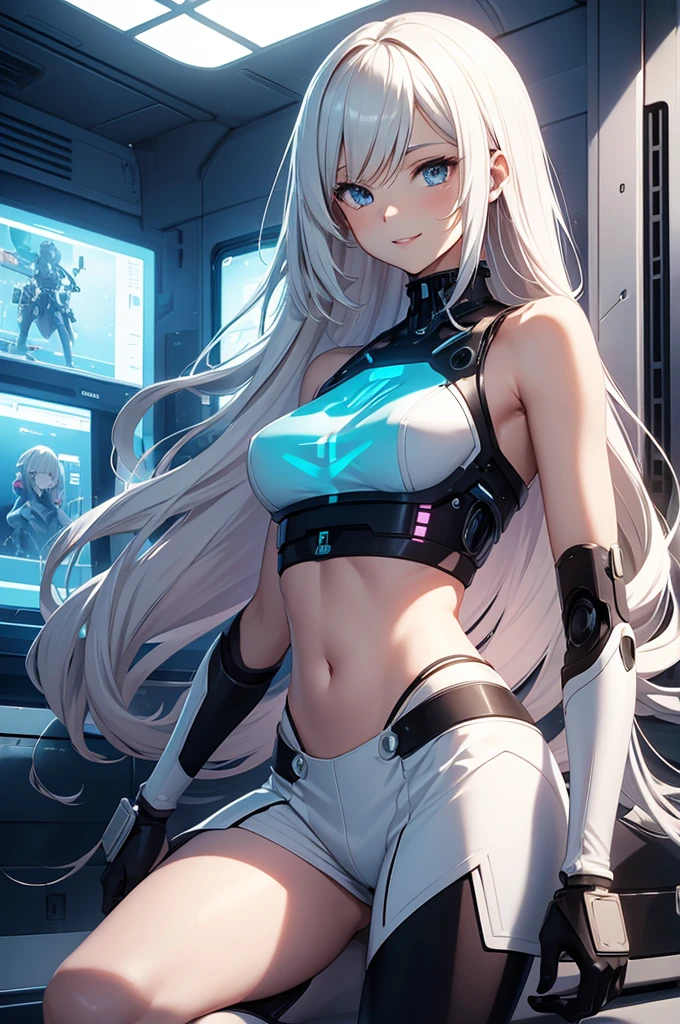 a beautiful anime , in robotic crop sleeveless top , , long hair , soft skin , smile and parted lips , cute , in a futuristic room , , stylish , , anime
