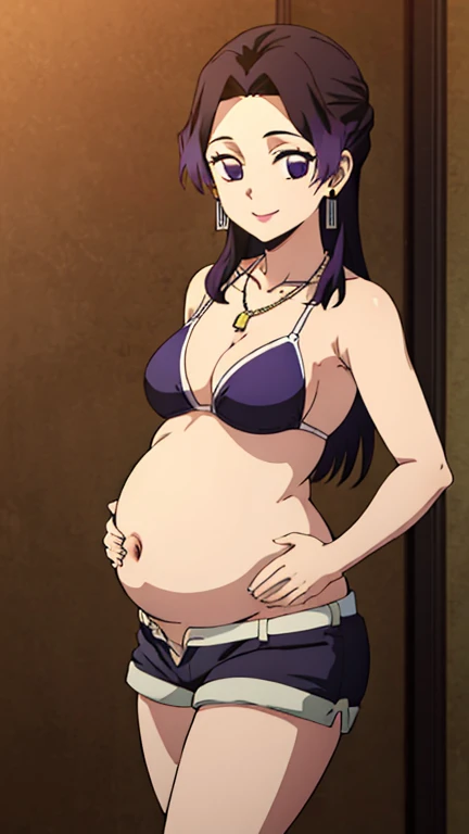 (Top Quality, 8K, High Resolution, Masterpiece: 1.2), Anime Art Style, Shinobu Kocho, 1 Girl, Perfect Face, Perfect Eyes, Soft Expression, Medium Breasts, Purple Hair, Natural Lips, Short Hair, Pretty Parted bangs, purple eyes, narrow eyes, large butterfly hair clip, ((camisole, pants, earrings, smile, cowboy shot)), viewer appreciation, pregnant
