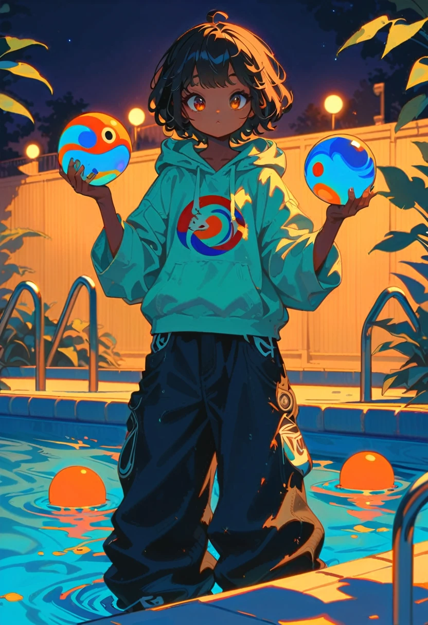 Style 9,1 girl,pool, swimming pool,night,Holding many moons, black hair, tanned skin, brown eyes, short hair, small eyes, wearing hoodie and baggy jeans