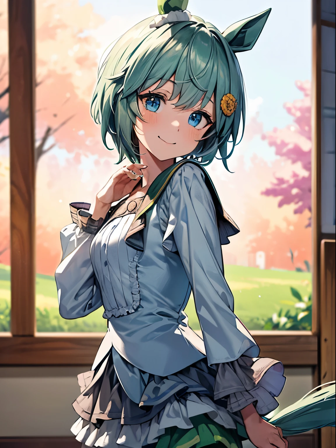 seiunsky, hairclip, hair flower, horse ears, horse tail, 1 girl, Solo, Cute Girl,Best Quality, Ultra-detailed, 8K, High resolution, detailed face, madeon, portrait, face focus:1.5 , looking at viewer, gentle smile, frills, shirt, long sleeves, green shorts,