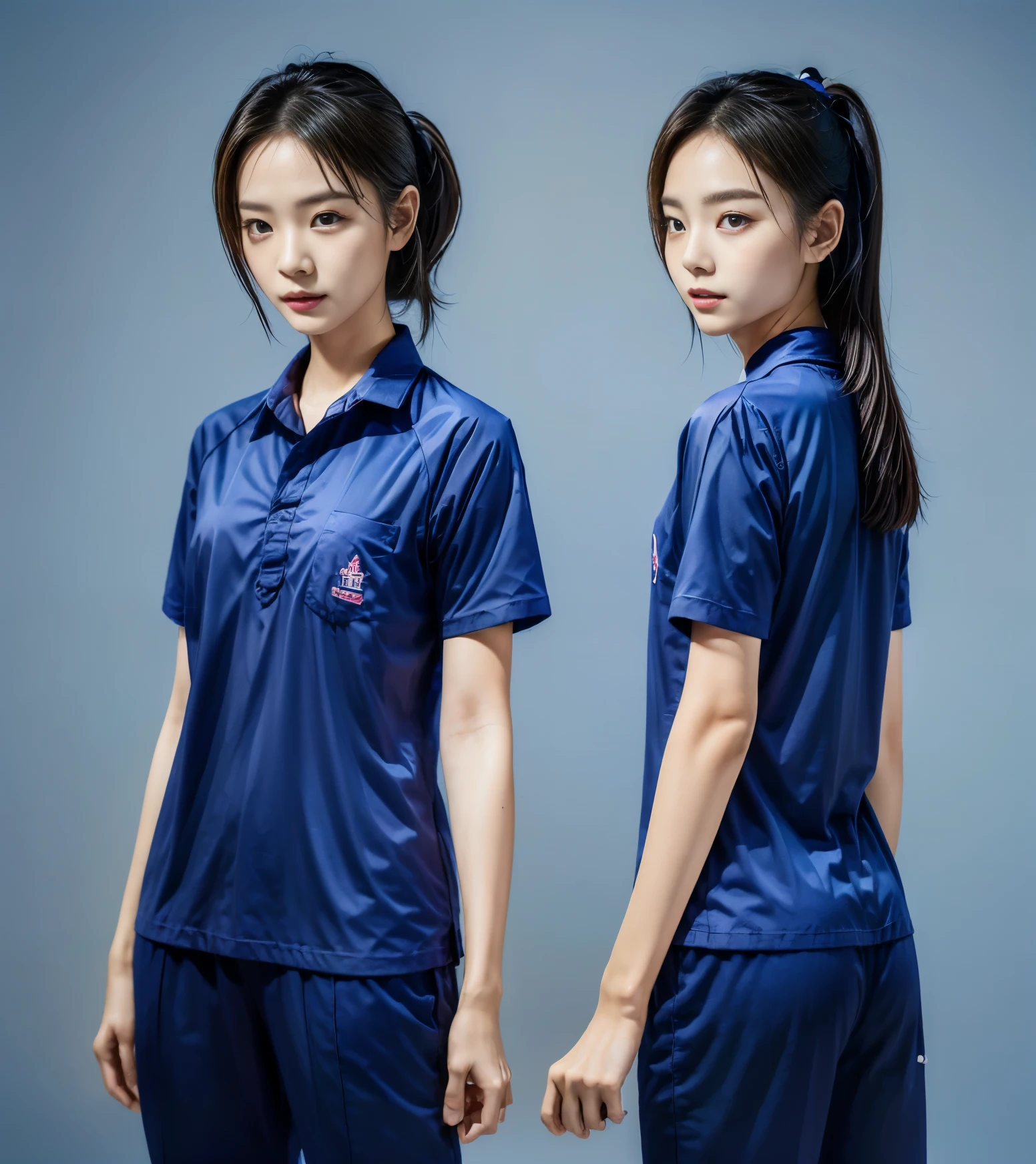 (best quality,10,10,height,Masterpiece:1.2),Special details,(realistic,ภาพrealistic,Realistic photos:1.37),1 Cute girl in the kitchen,shiny, ผิวshiny,only,smile softly,BDclothelue shirt:1.3)),short sleeve,shirt, กางเกงขาlong.,(navy_long_track pants:1.1), ((Kitchen Background)),Dynamic angle,excited,Face focus,dynamic poses,from behind,focus on ass,Masterpiece, best quality, ultra realistic, hyper detail, 8k resolution, raw photos, Sharp focus, ((Navy blue shirt:1.1)), short sleeve, เส้นทางlong, perfect body, 2 mature women, 18 years old, Cinema-grade lighting system,blue sweatpants,shirtผ้าออกกำลังกาย,correct anatomy,perfect body, correct body, Sharp face, correct bodyทางกายวิภาค, full body, realistic gestures, long-haired, realistic poses,Wear long shorts...........................,ช่วงขาlong,Good shape,carved girl, Slender figure, model, Good shape, beautiful body,blue sweatpants, two girls kissing