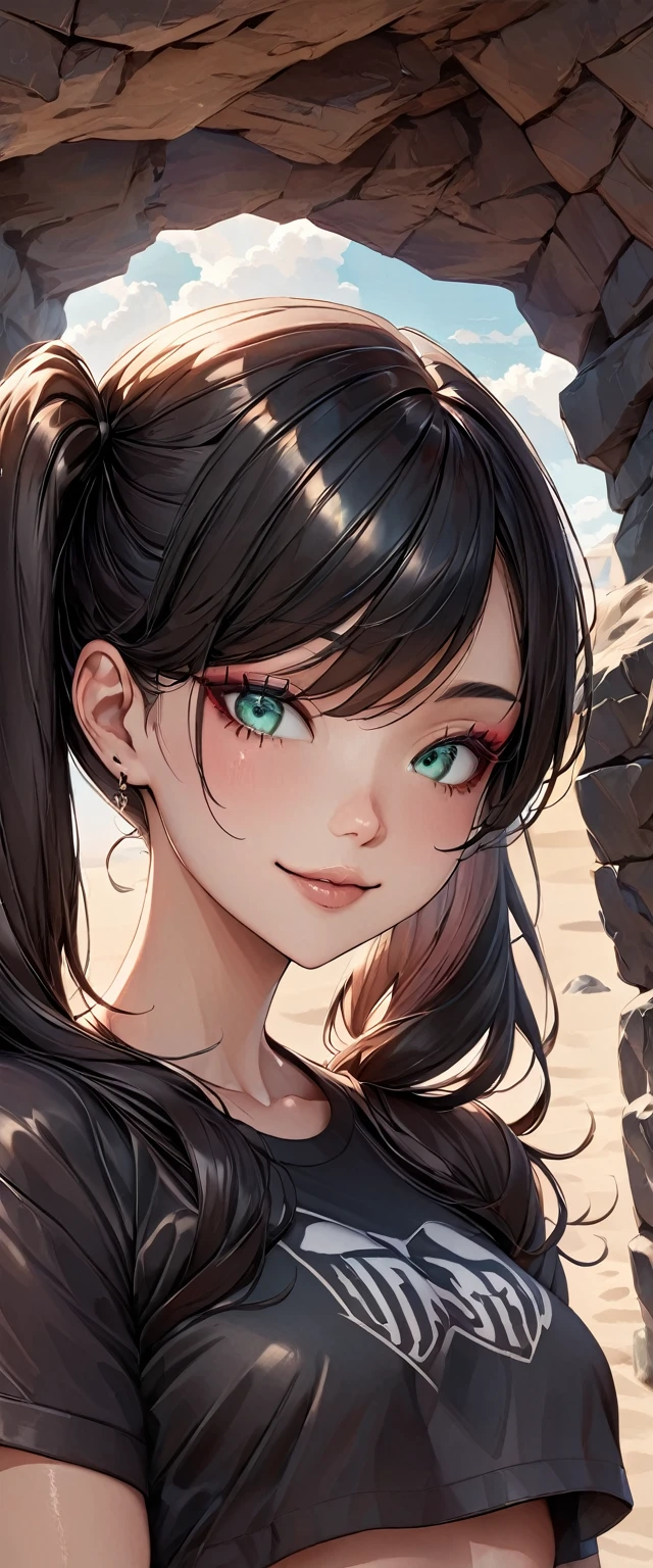 Realistic, photograph, 自然な肌をした女の子のphotograph, ((High Twintails)), , ((Baby Face)), Smiling, ((Tilt your head)), Round face, Red mesh hair, ((Upper Body)), Beach cave, The light is shining in, Black hair with red mesh, Sharp Eye, Blue-green eyes, Shining eyes, A thin, upturned nose, Well-shaped lips, ((crop top overhang, Short sleeve, Black clothes, Glamour body)), Makeup, Exquisitely crafted with the utmost attention to detail, Vibrant, amazing, Smooth, Cinematic, 4K, Backlight, (()), Shallow depth of field, ((Detailed eyes:1.3, Detailed lips:1.3, high quality, )), masterpiece, Super detailed images, High quality