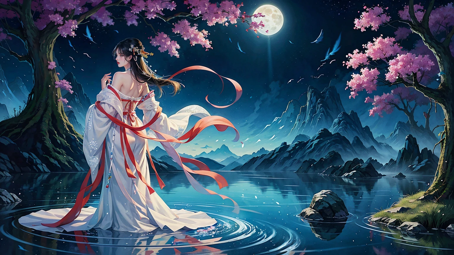 Official Art, Unity 8K wallpaper, Extremely detailed, beautiful and aesthetic, masterpiece, best quality, For the world,You may be alone,But for someone,You could be the whole world, paradox, Adrian Genius, Jenny Savile, Edward Hope, Surrealism, The Dark Arts of James Jean, Takato Yamamoto, 墨water朋克极简主义, fashion magazine, Editorial Photography, gufeng, moon, Tree, Solitary, water, flower, Branches, night, Black Hair, Back to, shawl, full moon, (1 Korean girl,Sexy facial features), in Tree, Long hair, Sky, sit, Chinese clothes, Hanfu, crescent moon, permanent, outdoor,