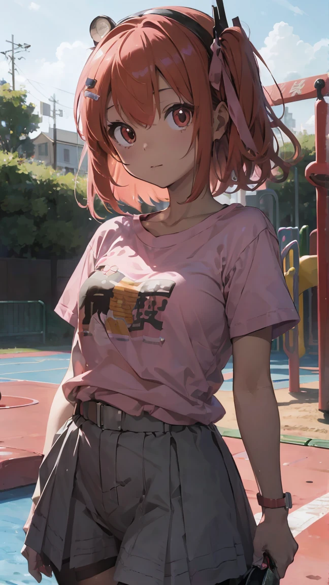 masterpiece, Highest quality, High resolution, Very detailed,(((Rei Adachi))), (((playground)))、(((Pink T-shirt)))、(((evening)))