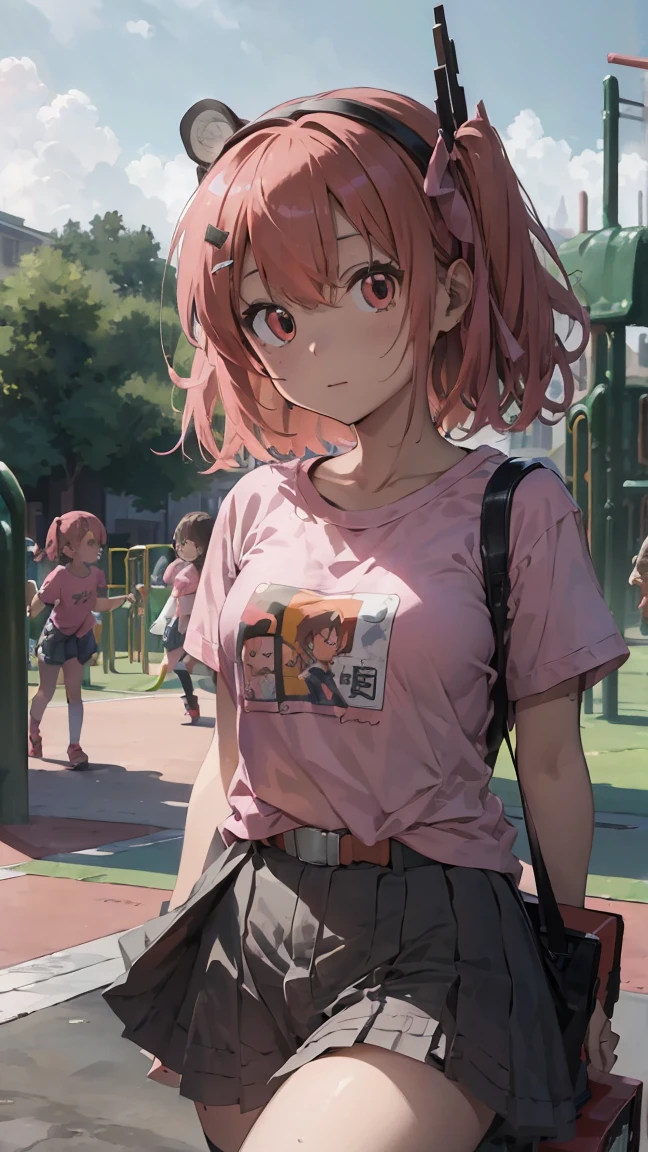 masterpiece, Highest quality, High resolution, Very detailed,(((Rei Adachi))), (((playground)))、(((Pink T-shirt)))、(((evening)))