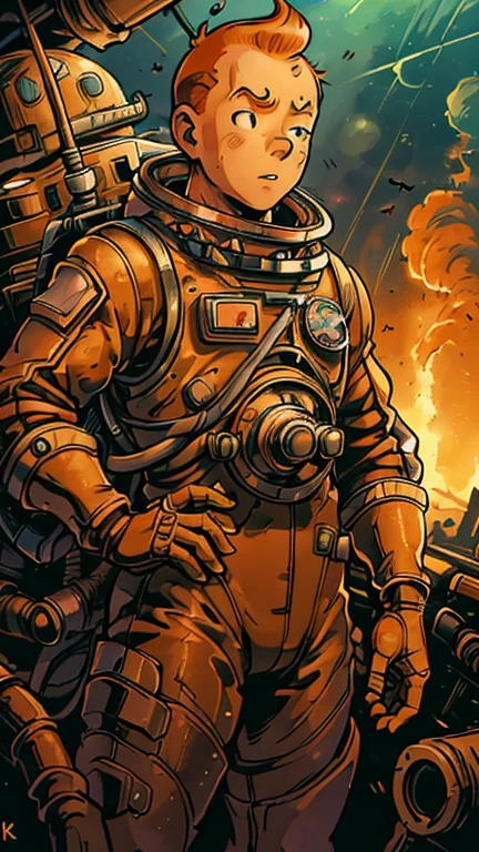 (Teens:1boy: Tintin), (extremely detailed CG unit 8k wallpaper),(master part), (best quality), (ultra detali), (best illustration),(CogPunkAI), cowboy shot, (Sharp eyeliner, ombre, detailed eyes:1),Dark midnight derelict spaceship interiors background, ,break , (astronaut in an orange space suit), upper body, short hair, orange hair