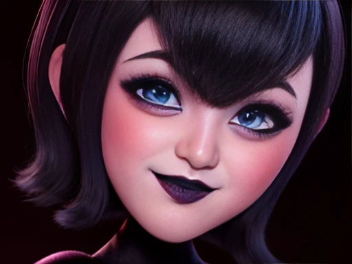 High graphic quality image, mavis dracula, (Hotel_transylvania) short black hair blue eyes white skin eyeliner , voluminous lips and black lipstick,