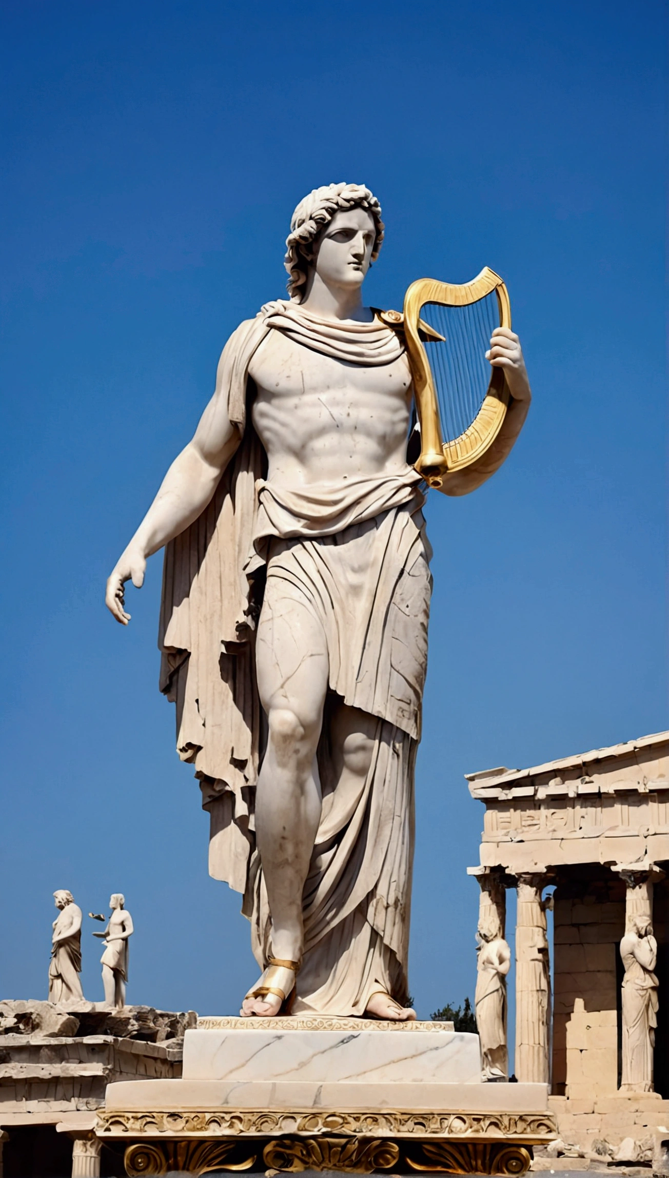 Ancient Greek sculpture、Historical Art、Homer Statue、The exact shape of an ancient Greek lyre、Wearing a toga, ancient Greek costume、Hide your crotch、Marble statue、Antique、Ruins of ancient Greece、a heavy atmosphere、Traditional atmosphere、