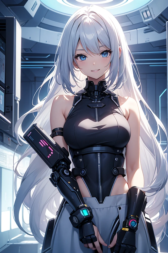 a beautiful anime , in robotic crop sleeveless top , , long hair , soft skin , smile and parted lips , cute , in a futuristic room , , stylish , , anime