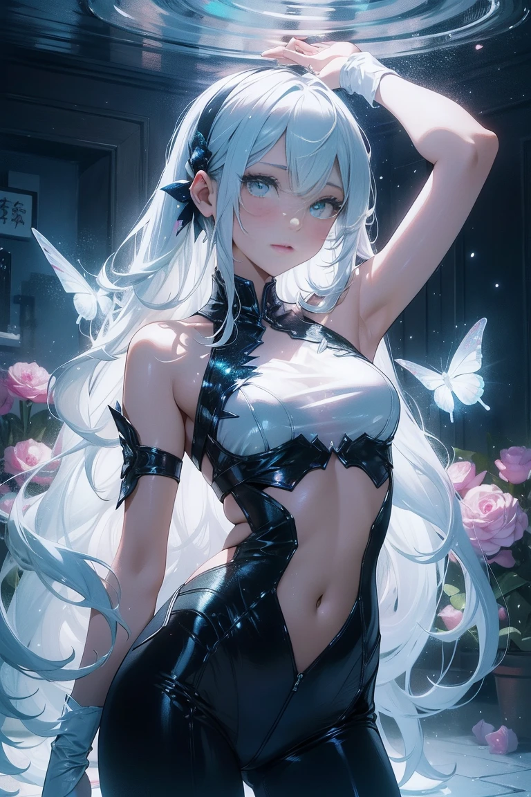 masterpiece, best quality,highres, 1 woman, adult, long hair. look_at_viewer, tall, perfect stature, liuli, bangs, chromatic dispersion, tansparent_plastic, Polychromatic prism effect, iridescence/opalescence, glowing colors, aluminum foil, Glowing ambiance,, moonlight, stars in the eyes, butterfly style, iridescence, coloured glaze, Polychromatic prism effect, rainbowcore, iridescence/opalescence, see_through, aluminum foil, glowing ambiance, beautiful dress