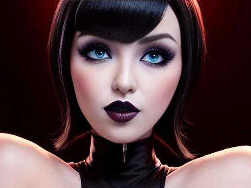 High graphic quality image, mavis dracula, (Hotel_transylvania) short black hair blue eyes white skin eyeliner , voluminous lips and black lipstick, 