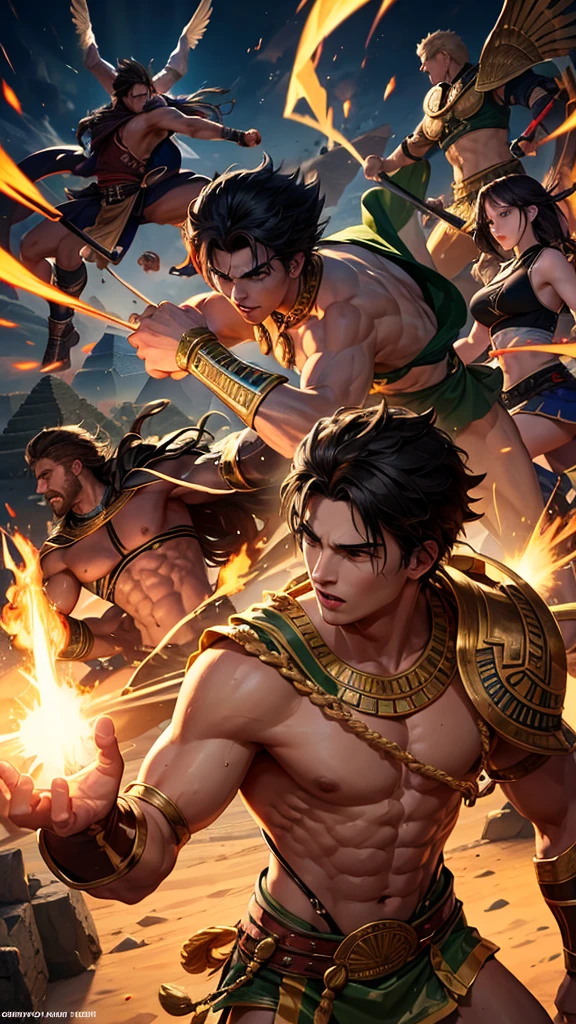 I want a fight between 7 warriors including Greek God, gentlemen, Celtic defenders and Egyptian gods showing their skills