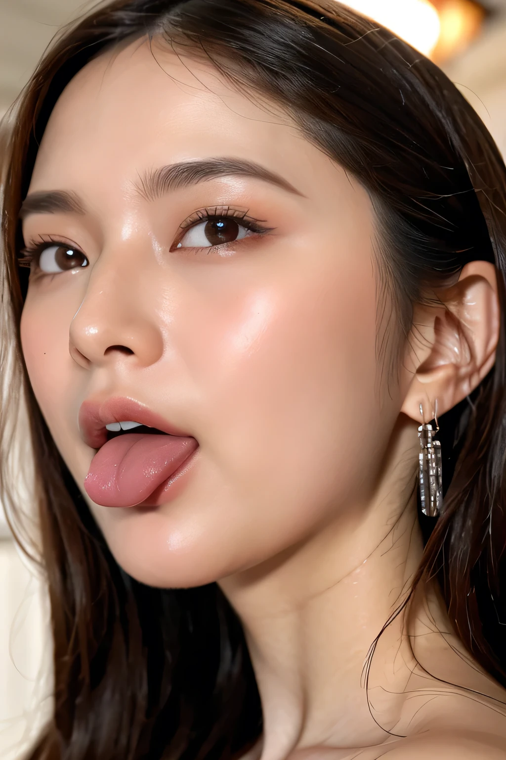 Tabletop,,Awards - Winning Photos, Very detailed, Face close-up、Keep your eyes focused, Nose and mouth,Face Focus, Woman with open mouth and closed eyes, Close-up of face focus、Age 35,Black-haired、Symmetrical face,Realistic nostrils、Angle from below、Elongated C-shaped nostrils、Sweaty skin、Lighting that emphasizes skin shiny with sweat、((Sharp Nose))Skin shiny with sweat、Glowing Skin、Big eyes、double eyelid、(My tongue is wet and shiny) ((Wet tongue)) ((Berokisu))garden,Head Up,Beautiful Japan actress,
