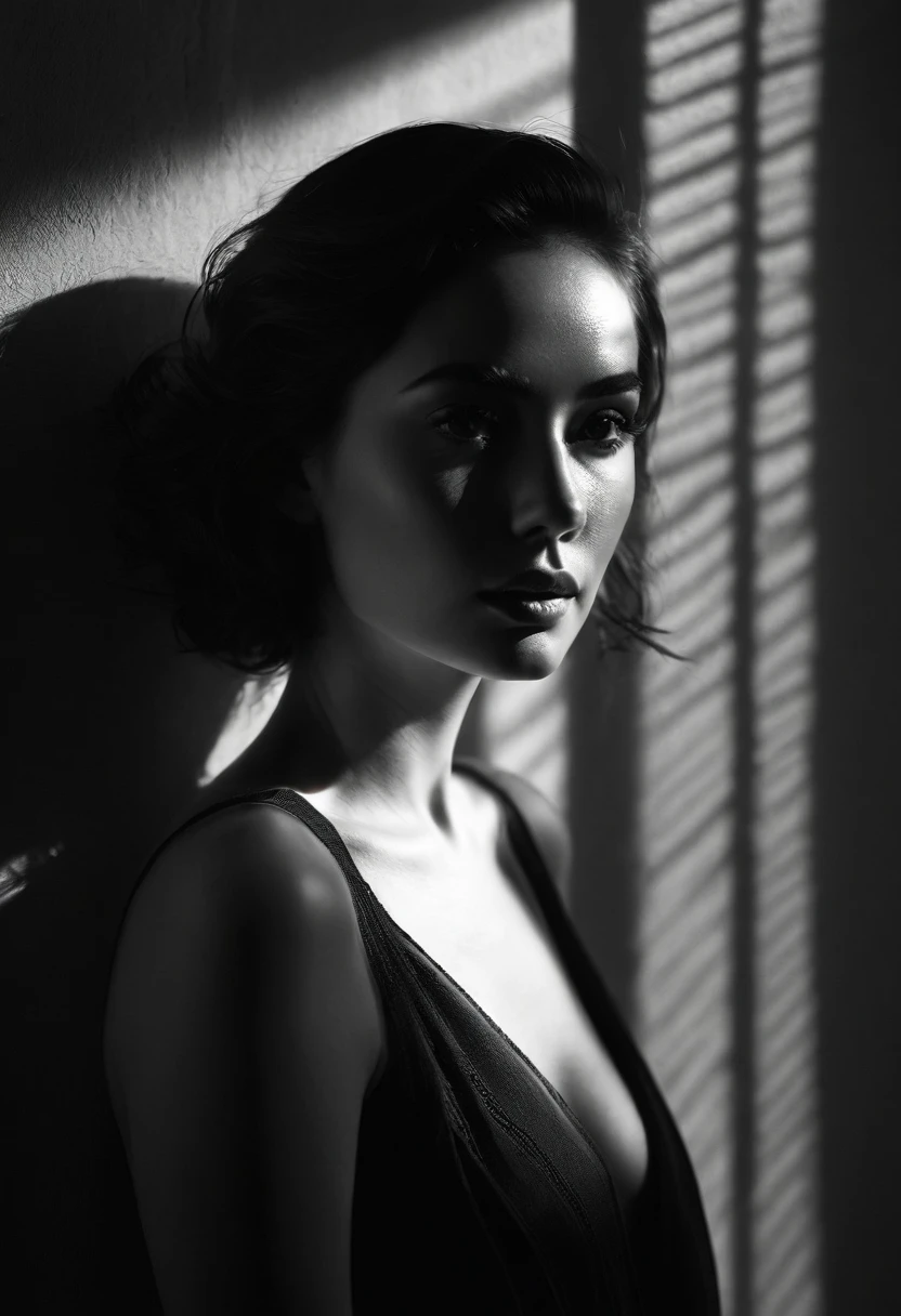 woman bathed in soft light, leaning against a wall, looking into the camera in a moment of raw emotion. Her attire is minimal, accentuating her beauty with the dramatic shadows cast by the lighting. The background is stark, with sharp contrasts highlighting the contours of her form. The blue and black palette intensifies the mood, evoking a sense of mystery and allure. Subtle film grain and meticulous shading add depth and texture, emphasizing the emotional gravity of the scene. The lighting creates a chiaroscuro effect, accentuating her expressive pose and the intense atmosphere.