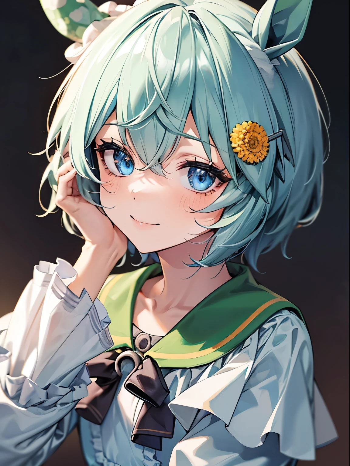 seiunsky, hairclip, hair flower, horse ears, horse tail, 1 girl, Solo, Cute Girl,Best Quality, Ultra-detailed, 8K, High resolution, detailed face, madeon, portrait, face focus:1.5 , looking at viewer, gentle smile, frills, shirt, long sleeves, 