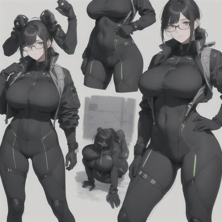 Absurd resolution,high resolution,(masterpiece: 1.4),hyper-detail,fullbody image,head to toe show,reference sheet style image,solo,shorter,A-Posed,glasses,kemono feline cat futanari,no skin other than neck and head shown, exo skeleton,watertight environmental suit,black hair,messy ponytail,cute face,detailed soft grey luminous eyes,huge massive hyper super swollen heavy milky breasts,breasts so big that cover her whole torso and are bigger than her head while being so big they reach her bellybutton,extremely super large swollen perky heavy bust,super huge enormously gigantic tits,gigantic breasts stretching/straining out of her outfit looking like they are about to burst out,breasts compressed squishing barely contained in outfit,inflated breasts,breast_expansion,super gigantic swollen heavy tits,wide full hips,narrower torso and shoulders,smaller torso,narrower waist,full thicc big soft thighs,thicc big full thighs,big rounded full soft butt,thicc butt,ruggedized utility styled outfit,fully insulated suit,full body outfit coverage with no skin showing or revealed,airtight/watertight zippers and seals,scifi monochrome black and grey fullbody covering protective padding rugged loose-fitted pilot utility suit with strategically placed protective padding,white watertight zipper utility cropped top for breasts support with a black strap horizontal across cleavage worn on top of suit,tactical strategic angular-patterned protective padding on hips and thighs and abdomen,practical/functional clothing,weather-proof durable clothing material,nylon clothing material,custom made clothing to fit and support large breasts,scifi padded rugged rigid high collar cropped cutout fitted techwear jacket,armored high collar,white and black triangular decals and techwear iconography on apparel and clothing,techwear gloves,ruggedized tech,ruggedized tech aesthetic,fitted utility pants,utility chaps,near future scifi,cyberpunk aesthetic,tactical aesthetic,nasapunk apparel,death stranding