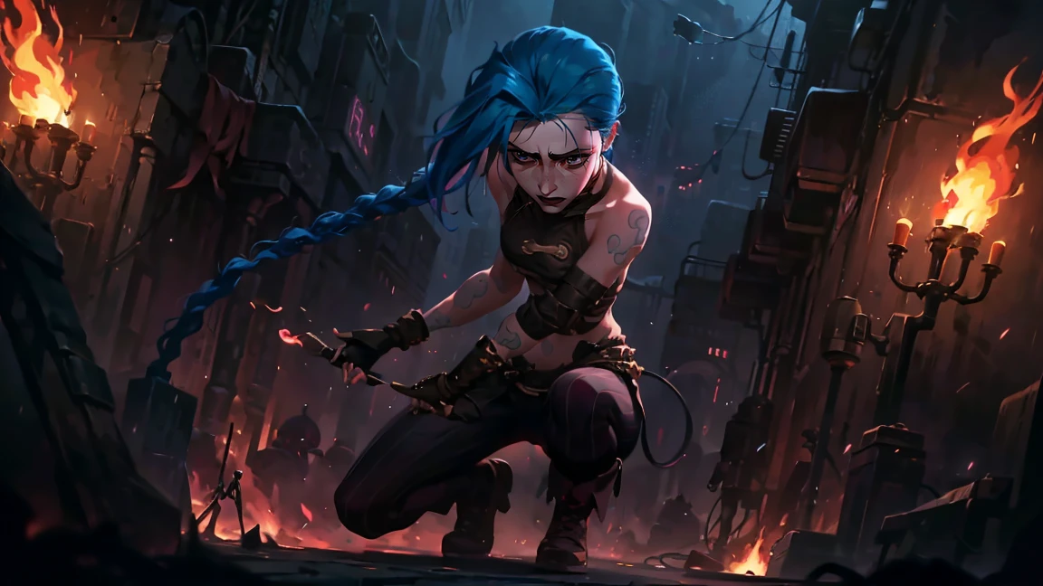 (masterpiece, Best quality), 1 girl, portrait very detailed face, very sexy, stands on the roof of the building at full height, full length (full body 1.1.), crazy look, smile, pink tears, (tears on the cheeks, tears from eyes,) очень feminine, fighting stance, battle, neon lettering, explosions, darkness, fog, beautiful waist, gloomy composition, flame, fire, Flash, very beautiful, feminine, long hair, hair braided in long braids, very sexy, tight leather pants, emphasis on the eyes, emphasis on the face, Beautiful face, hands, Косаed ponytail, red purple eyes, Jinx is crying, Blue cloud tattoo, (masterpiece, Best quality), Side lighting, beautiful detailed eyes, crazy face), (Best quality), (masterpiece), magic photography, Spectacular lighting, photorealism, ultra detailed, intimate portrait composition, 1. 4,8 K UHD, aesthetic, CD., a high resolution, 8 K, Better lighting, Best shade, Ultra-HD, a high resolution, Sharp Focus, complex background, cinematic lighting, ((Landscape view)), 4K block, (Better lighting), ((cinematic lighting)),