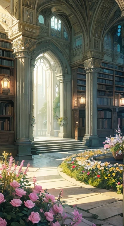 ((Best quality)), ((Masterpiece)), ((Ultra-detailed)), (illustration), (Detailed light),Magic Library,Flowers and trees