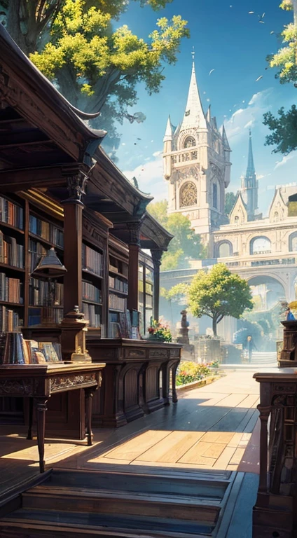 ((Best quality)), ((Masterpiece)), ((Ultra-detailed)), (illustration), (Detailed light),Magic Library,Flowers and trees