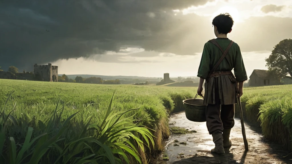 Back view of a young boy with short black hair, dressed in a simple medieval farmer's outfit. The worn, earth-toned tunic and trousers are slightly tattered, reflecting a life of hard work. He walks through a vast, overgrown grass field at noon, the sun casting a stark light that creates long shadows on the ground. The boy holds a wooden bucket brimming with ripe, red tomatoes, their vibrant color contrasting with the muted greens and browns of his surroundings. In the distance, ominous, dark clouds begin to gather, hinting at an impending storm. The landscape is dotted with ancient, gnarled trees and scattered ruins, adding a sense of foreboding to the medieval dark fantasy setting. The air seems heavy with tension, as if something unseen is watching from the shadows."