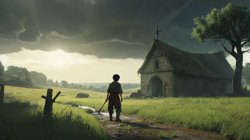 Back view of a young boy with short black hair, dressed in a simple medieval farmer's outfit. The worn, earth-toned tunic and trousers are slightly tattered, reflecting a life of hard work. He walks through a vast, overgrown grass field at noon, the sun casting a stark light that creates long shadows on the ground. The boy holds a wooden bucket brimming with ripe, red tomatoes, their vibrant color contrasting with the muted greens and browns of his surroundings. In the distance, ominous, dark clouds begin to gather, hinting at an impending storm. The landscape is dotted with ancient, gnarled trees and scattered ruins, adding a sense of foreboding to the medieval dark fantasy setting. The air seems heavy with tension, as if something unseen is watching from the shadows."