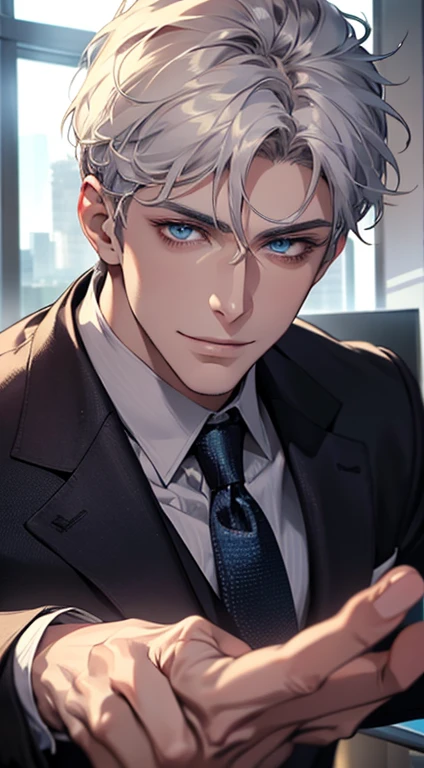(best quality, masterpiece, 8K, photorealistic, cinematic lighting, hdr image, ultra detailed, beautiful image), 1 man, 31 years old, mature man, very handsome, (without expression, smile), short white hair, blue eyes ( penetrating gaze), perfect face without errors, imposing posture, without errors, businessman, office background