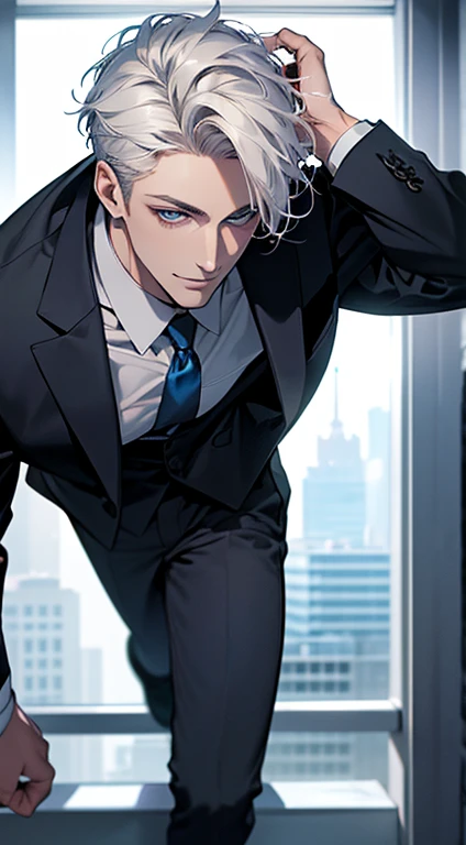 (best quality, masterpiece, 8K, photorealistic, cinematic lighting, hdr image, ultra detailed, beautiful image), 1 man, 31 years old, mature man, very handsome, (without expression, smile), short white hair, blue eyes ( penetrating gaze), perfect face without errors, imposing posture, without errors, businessman, office background