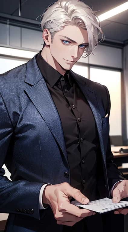 (best quality, masterpiece, 8K, photorealistic, cinematic lighting, hdr image, ultra detailed, beautiful image), 1 man, 31 years old, mature man, very handsome, (without expression, smile), short white hair, blue eyes ( penetrating gaze), perfect face without errors, imposing posture, without errors, businessman, office background