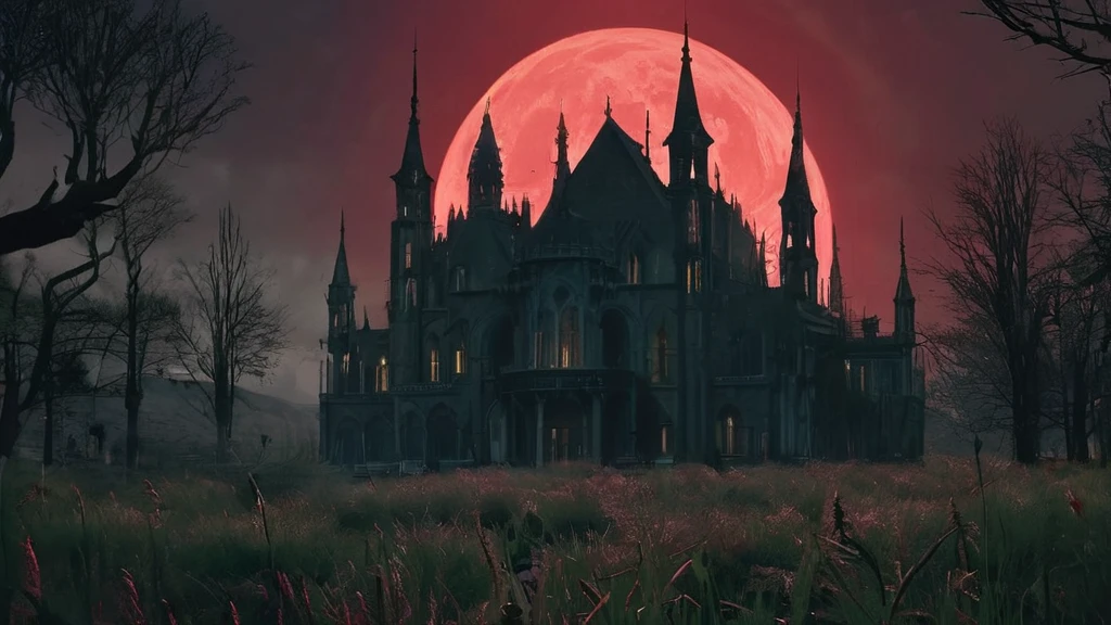 A towering mansion, almost cathedral-like in its grandeur, stands isolated in a wild grass field under the eerie light of a blood-red moon. The mansion’s gothic spires and intricate stonework cast long, ominous shadows over the swaying grass. Dark clouds swirl around the crimson moon, adding to the foreboding atmosphere. The wild grass, untamed and overgrown, rustles in the cold night breeze, while the mansion’s windows, dark and uninviting, seem to watch over the desolate landscape, creating a chilling sense of dark medieval fantasy