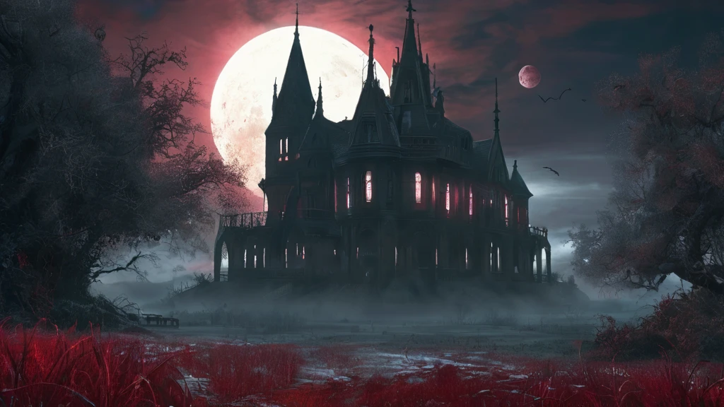 A towering mansion, almost cathedral-like in its grandeur, stands isolated in a wild grass field under the eerie light of a blood-red moon. The mansion’s gothic spires and intricate stonework cast long, ominous shadows over the swaying grass. Dark clouds swirl around the crimson moon, adding to the foreboding atmosphere. The wild grass, untamed and overgrown, rustles in the cold night breeze, while the mansion’s windows, dark and uninviting, seem to watch over the desolate landscape, creating a chilling sense of dark medieval fantasy