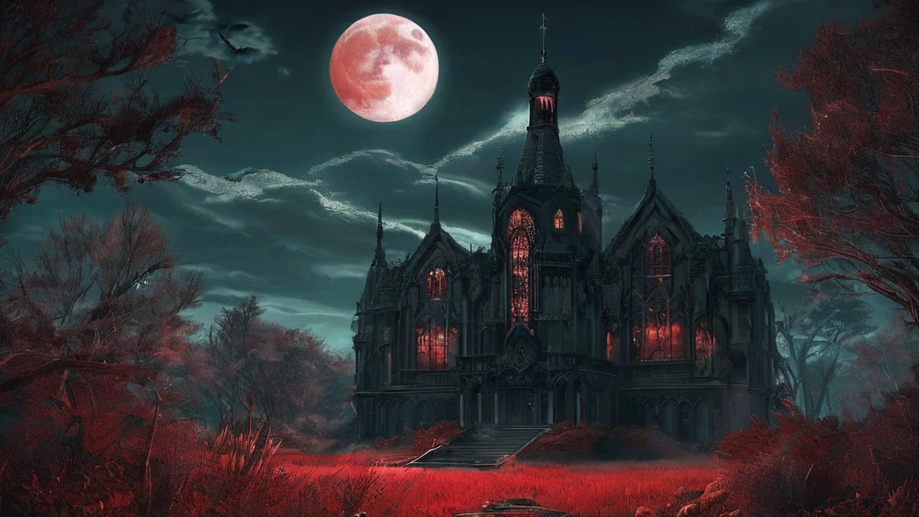 A towering mansion, almost cathedral-like in its grandeur, stands isolated in a wild grass field under the eerie light of a blood-red moon. The mansion’s gothic spires and intricate stonework cast long, ominous shadows over the swaying grass. Dark clouds swirl around the crimson moon, adding to the foreboding atmosphere. The wild grass, untamed and overgrown, rustles in the cold night breeze, while the mansion’s windows, dark and uninviting, seem to watch over the desolate landscape, creating a chilling sense of dark medieval fantasy