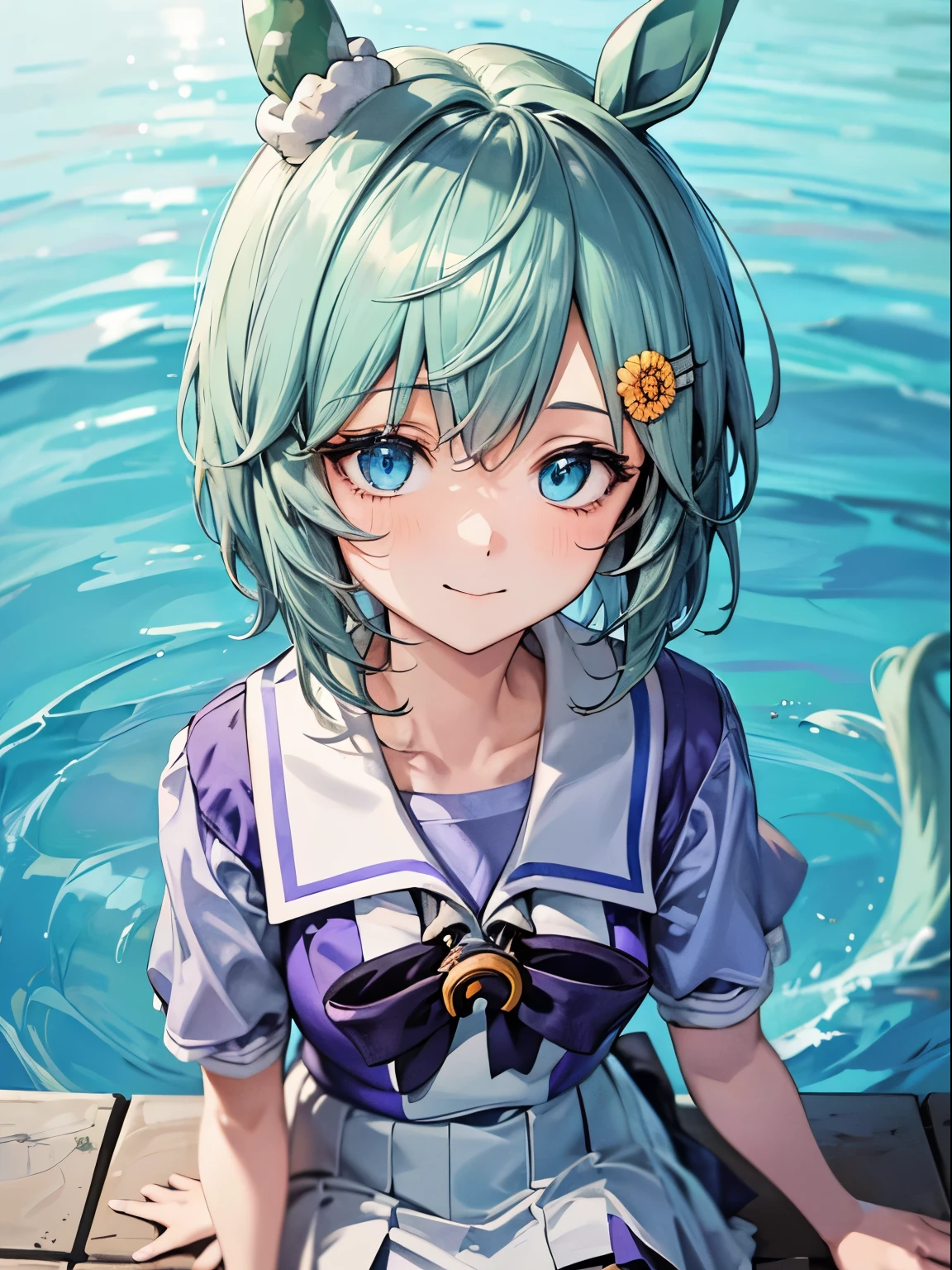 seiunsky, hairclip, hair flower, horse ears, horse tail, 1 girl, Solo, Cute Girl,Best Quality, Ultra-detailed, 8K, High resolution, detailed face, madeon, from below, looking up, looking far, smile, summer uniform, sitting on the breakwater, blue sky, summer,