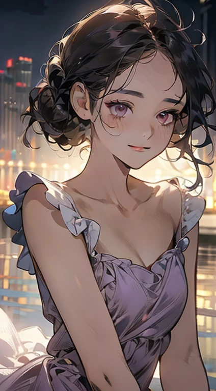 work of art, best qualityer, realisitic, mature woman, cute, 25 years old, cloused mouth, portraite, extreme detailed face, soft smiling, (dark purple eyes), ((with single black hair bun), ((hair with front bangs)), [tthin eyebrows], ((light purple dress)), no-makeup, drlight smile, ear flush, light blush, short eyelashes, 4K,open air