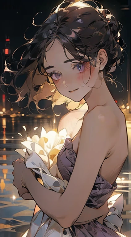 work of art, best qualityer, realisitic, mature woman, cute, 25 years old, cloused mouth, portraite, extreme detailed face, soft smiling, (dark purple eyes), ((with single black hair bun), ((hair with front bangs)), [tthin eyebrows], ((light purple dress)), no-makeup, drlight smile, ear flush, light blush, short eyelashes, 4K,open air