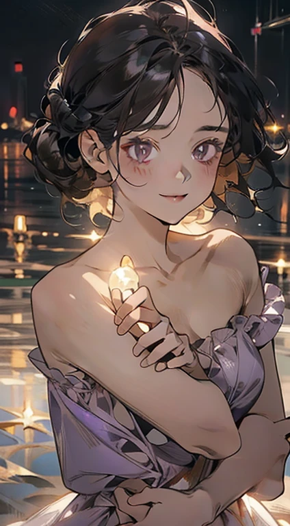 work of art, best qualityer, realisitic, mature woman, cute, 25 years old, cloused mouth, portraite, extreme detailed face, soft smiling, (dark purple eyes), ((with single black hair bun), ((hair with front bangs)), [tthin eyebrows], ((light purple dress)), no-makeup, drlight smile, ear flush, light blush, short eyelashes, 4K,open air