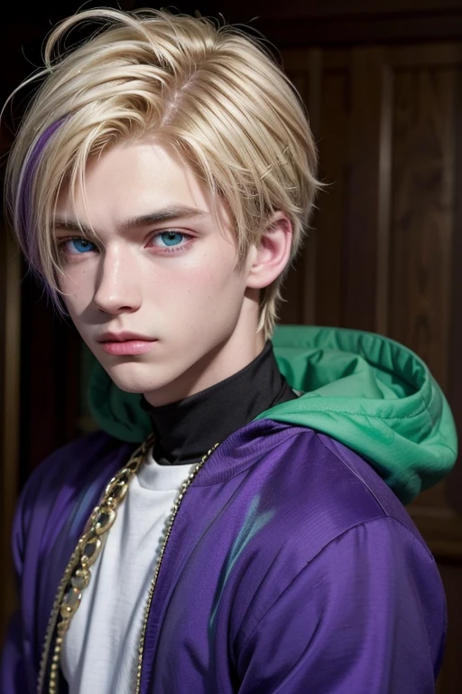 Make a male teenager with blonde and purple hair, with the left eye blue and the other green, make him like a prince