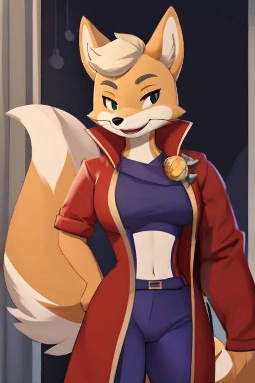 Furry Fox McCloud with blonde hair and a fluffy tail in a red coat army costume with blue pants, navel