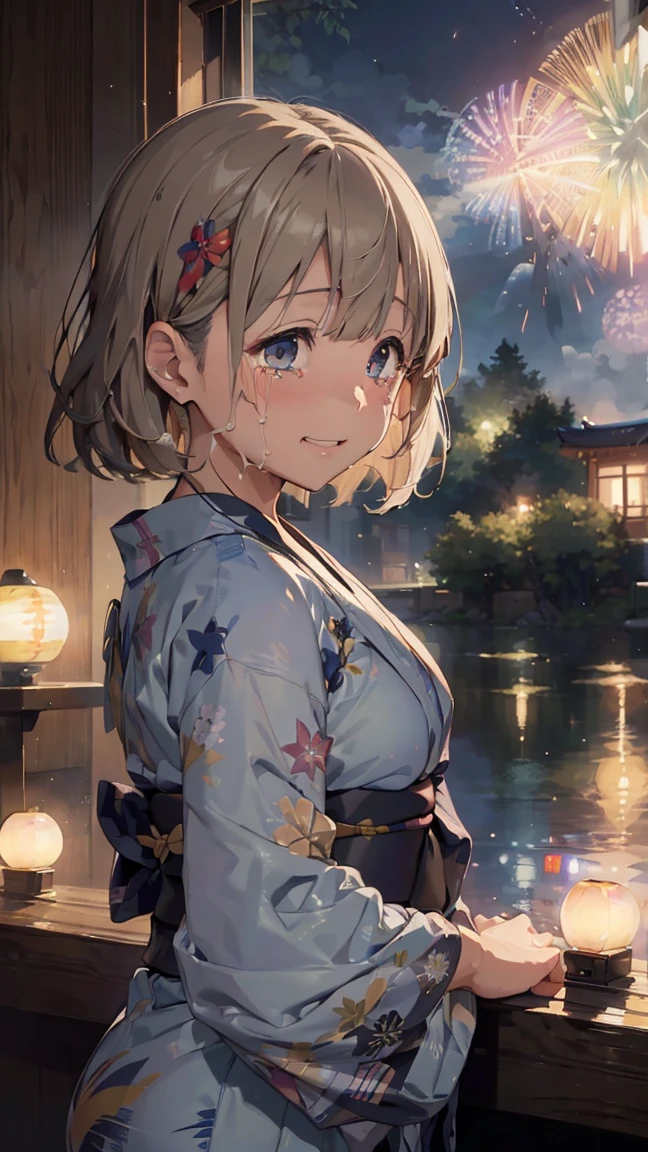 masterpiece, Highest quality, High resolution, Very detailed,(((Asahi Serizawa))), (((Are crying。)))、(((night)))、(((smile)))、(((firework))), (((yukata)))