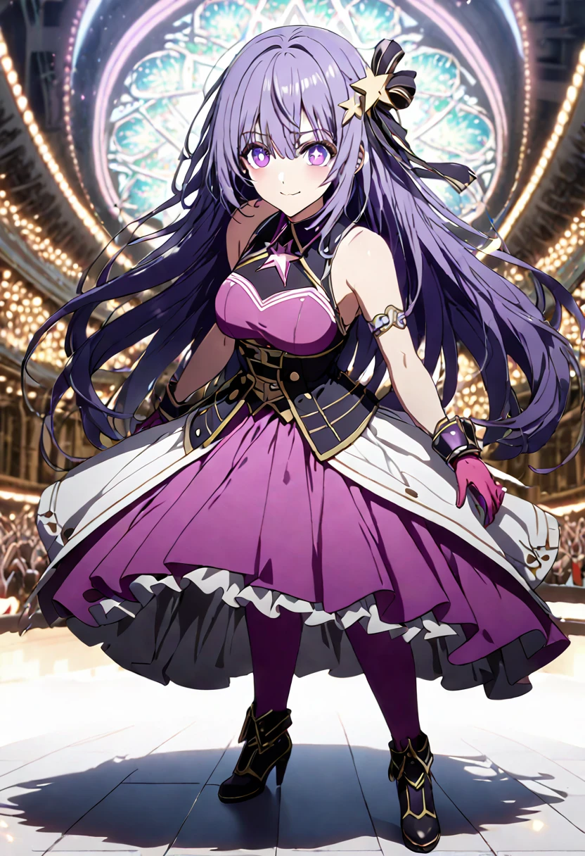 great quality ++ Extremely detailed high resolutionolution, very aesthetic, expressive eyes, (((perfect face))), (((face symmetrical))), ((good anatomy)), (((perfect hands))), (((8k))), UHD, HD wallpaper, (((detailed high cal, (((((1girl)))))), only, masterpiece, La Best Quality, high resolution, Highly detailed, (illustration), beautiful detailed eyes, (((combatant))), ((((full body)))), (((date a live))), (((((Miku Izayoi))))), ((((((((purple hair)))))))), ((((((((purple eyes)))))))), (((rvcm_duotone3_haiRstyle))), (((agglutination))), Combination, (((mature female))), (((bangs))), (((blunt bangs))), (((hime cut))), (((hair ornament))), (((Idol))), (((Concert))), (((dome))), (((dancing))), (((Singing))), (((((((star-shaped pupils))))))), ((((purpler hair)))), (((purple eyes))), (((pink dress))), (((Sleeveless Dress))), (((pink gloves))), (((pink thighhighs))), (((belt))), (((narrow shoulders))), (((narrow waist))), (((They are smiling))), Long hair, huge, garden of a castle, (((mature female))), masterpiece, Best Quality, ((masterpiece)), ((best calidra derailed)), Upper part of the body, (((face to face look))),