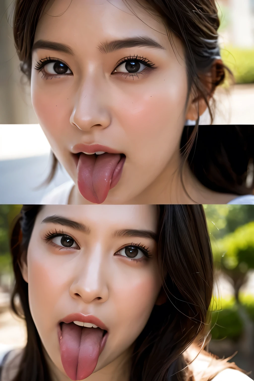 Tabletop,,Awards - Winning Photos, Very detailed, Face close-up、Keep your eyes focused, Nose and mouth,Face Focus, Woman with open mouth and closed eyes, Close-up of face focus、Age 35,Black-haired、Symmetrical face,Realistic nostrils、Angle from below、Elongated C-shaped nostrils、Sweaty skin、Lighting that emphasizes skin shiny with sweat、((Sharp Nose))Skin shiny with sweat、Glowing Skin、Big eyes、double eyelid、(My tongue is wet and shiny) ((Wet tongue)) ((Berokisu))garden,Head Up,Beautiful Japan actress,Head Up,