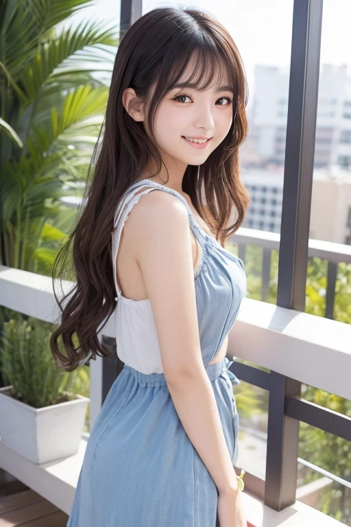 Produce the highest quality and highest resolution 8K images。Please draw the upper body of a 20 year old Japanese woman.。Please draw an image of you relaxing on your balcony at home on a holiday.。She has brown eyes and a model-like figure、She has an idol-level cute face.。The hair is wavy。Clothes、Dressed for early spring。The skin is、It is a natural skin color。she、Looking at you with a smile。