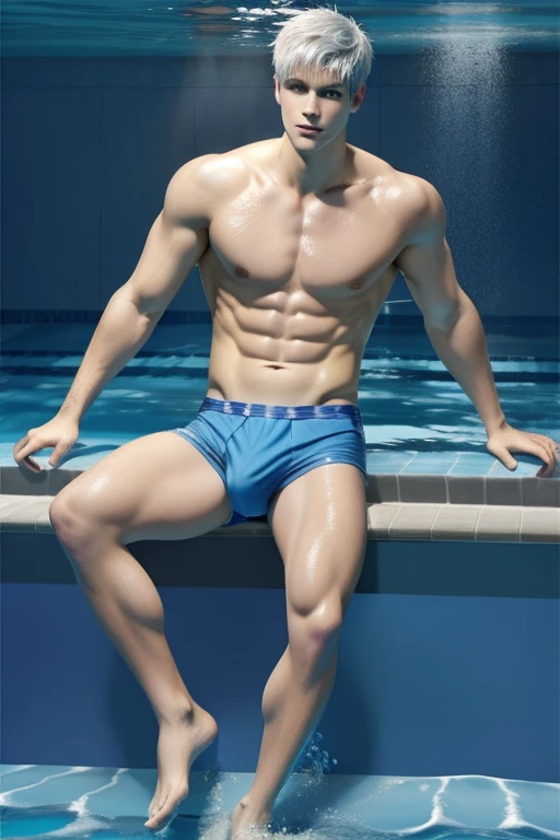 full body photorealistii handsome hunky fractal Jack Frost, in the pool, swimming