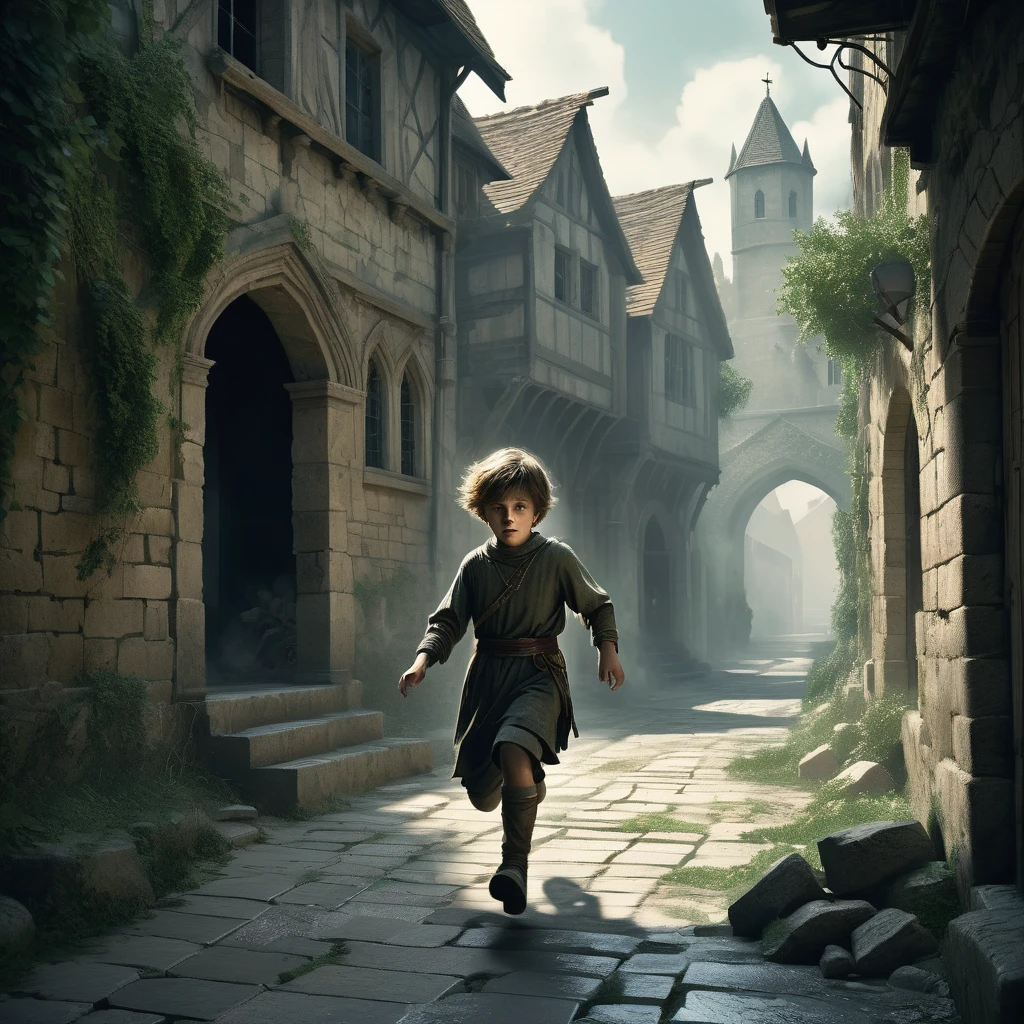 A young boy with tousled hair sprints through the empty, cobblestone streets of a medieval city. He wears a simple tunic and breeches, both dirt-stained and frayed at the edges. The sun hangs low in the sky, casting long, eerie shadows that stretch across the deserted buildings. The windows of the stone and timber houses are dark, and their shutters hang askew, giving an abandoned and foreboding feel. Cracked pavement and scattered debris tell tales of long-forgotten chaos. The boy's expression is one of determination and fear as he runs, his bare feet barely making a sound on the worn stones. Ancient, ivy-covered walls and weathered statues loom over him, adding to the haunting atmosphere of this medieval dark fantasy scene. A sense of urgency pervades the air, as if the boy is fleeing from an unseen danger lurking in the depths of the silent city."