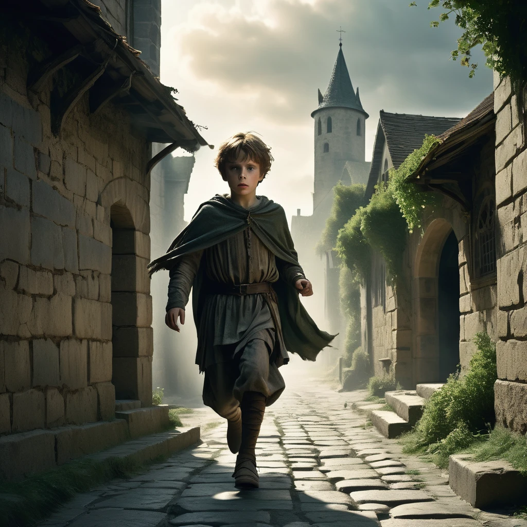 A young boy with tousled hair sprints through the empty, cobblestone streets of a medieval city. He wears a simple tunic and breeches, both dirt-stained and frayed at the edges. The sun hangs low in the sky, casting long, eerie shadows that stretch across the deserted buildings. The windows of the stone and timber houses are dark, and their shutters hang askew, giving an abandoned and foreboding feel. Cracked pavement and scattered debris tell tales of long-forgotten chaos. The boy's expression is one of determination and fear as he runs, his bare feet barely making a sound on the worn stones. Ancient, ivy-covered walls and weathered statues loom over him, adding to the haunting atmosphere of this medieval dark fantasy scene. A sense of urgency pervades the air, as if the boy is fleeing from an unseen danger lurking in the depths of the silent city."