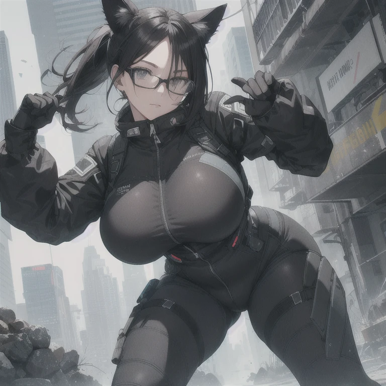 Absurd resolution,high resolution,(masterpiece: 1.4),hyper-detail,fullbody shot head to toe,full frontal camera perspective,solo,shorter,standing, glasses,kemono feline cat futanari, huge penis bulge, puffy inverted nipple silhouette,no skin other than neck and head shown,pilot suit,black hair,messy ponytail,cute face,detailed soft grey luminous eyes,huge massive hyper super swollen heavy milky breasts,breasts so big that cover her whole torso and are bigger than her head while being so big they reach her belly button,extremely super large swollen perky heavy bust,super huge enormously gigantic tits,gigantic breasts stretching/straining out of her outfit looking like they are about to burst out,breasts compressed squishing barely contained in outfit,inflated breasts,breasts_expansion,super gigantic swollen heavy tits,wide full hips,narrower torso and shoulders,smaller torso,narrower waist,full thicc big soft thighs,thicc big full thighs,big rounded full soft butt,thicc butt,ruggedized utility styled outfit,fully insulated suit,full body outfit coverage with no skin showing or revealed,airtight/watertight zippers and seals,scifi monochrome black and grey fullbody covering protective padding rugged loose-fitted pilot utility suit with strategically placed protective padding,white zipped utility cropped top for breasts support with a black strap horizontal across cleavage worn on top of suit,tactical strategic angular-patterned protective padding on hips and thighs and abdomen,practical/functional clothing,weather-proof durable clothing material,nylon clothing material,custom made clothing to fit and support large breasts,scifi padded rugged rigid high collar cropped cutout fitted techwear jacket,armored high collar,white and black triangular decals and techwear iconography on apparel and clothing,techwear gloves,ruggedized tech,ruggedized tech aesthetic,fitted utility pants,utility chaps,near future scifi,cyberpunk aesthetic,anime aesthetic,tactical aesthetic